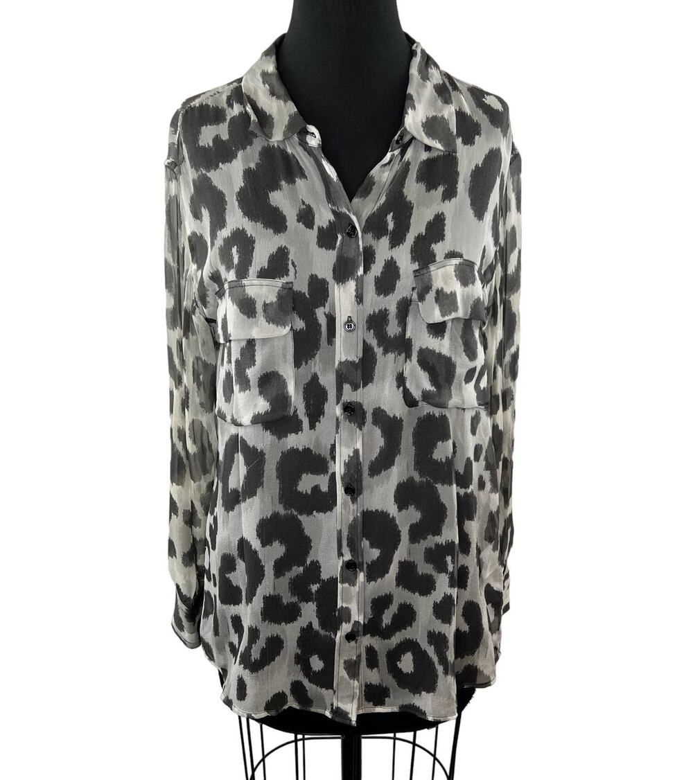 Equipment Gray White Leopard Print Signature Silk Sheer Button-Up Shirt Top M